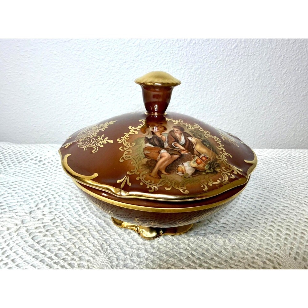Vintage Burgundy Porcelain Trinket Dish With Lid